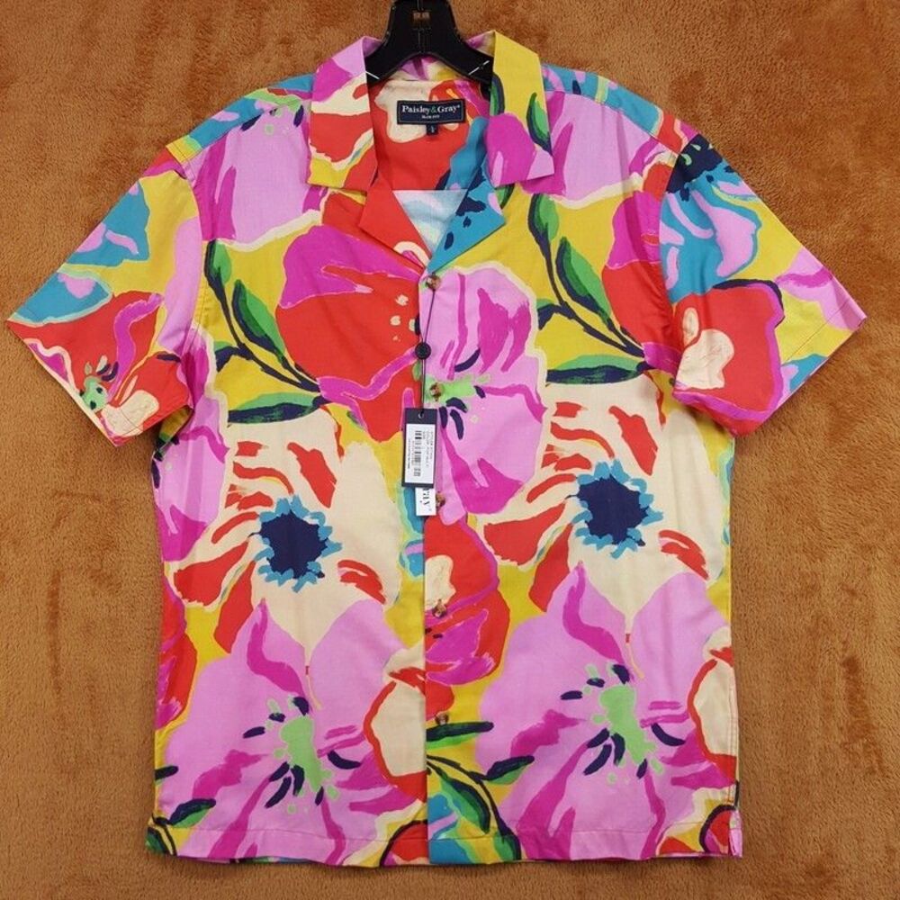 PAISLEY & GRAY Button Shirt Mens Large Pink Red Abstract Floral Slim Fit